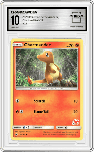 Charmander from the 2020 Pokemon Battle Academy set featuring a 16 parallel graded by Arena Club and given an overall grade of 10.