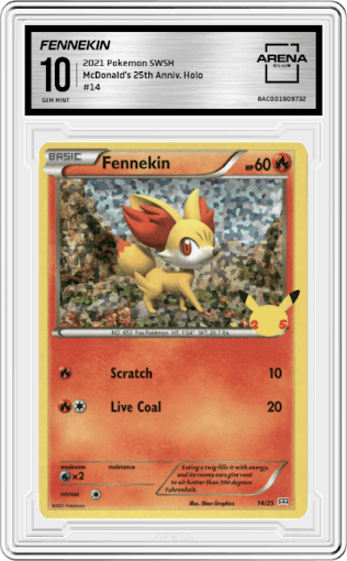 Fennekin from the 2021 Pokemon SWSH set graded by Arena Club and given an overall grade of 10.
