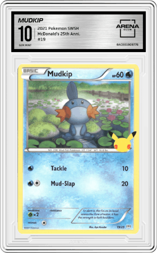 Mudkip from the 2021 Pokemon SWSH set graded by Arena Club and given an overall grade of 10.