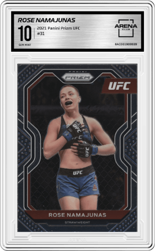 Rose Namajunas from the 2021 Panini Prizm UFC set graded by Arena Club and given an overall grade of 10.