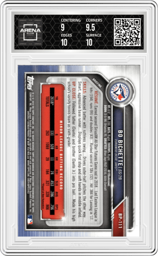 Bo Bichette from the 2019 Bowman  set graded by Arena Club and given an overall grade of 9.5.