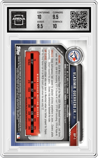 Vladimir Guerrero Jr. from the 2019 Bowman  set graded by Arena Club and given an overall grade of 10.
