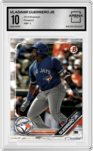 Vladimir Guerrero Jr. from the 2019 Bowman  set graded by Arena Club and given an overall grade of 10.