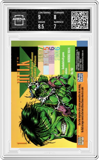 Hulk from the 1993 Skybox Marvel Universe set graded by Arena Club and given an overall grade of 7.5.