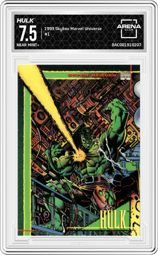 Hulk from the 1993 Skybox Marvel Universe set graded by Arena Club and given an overall grade of 7.5.