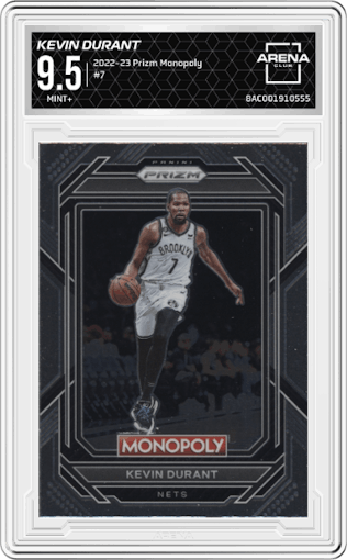 Kevin Durant from the 2022-23 Panini Prizm Monopoly set graded by Arena Club and given an overall grade of 9.5.