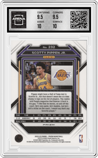 Scotty Pippen Jr. from the 2022-23 Panini Prizm  set featuring a Silver Prizm parallel graded by Arena Club and given an overall grade of 10.