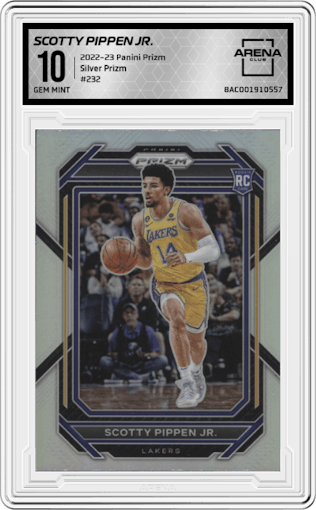 Scotty Pippen Jr. from the 2022-23 Panini Prizm  set featuring a Silver Prizm parallel graded by Arena Club and given an overall grade of 10.