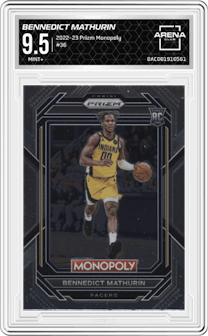 Bennedict Mathurin from the 2022-23 Panini Prizm Monopoly set graded by Arena Club and given an overall grade of 9.5.