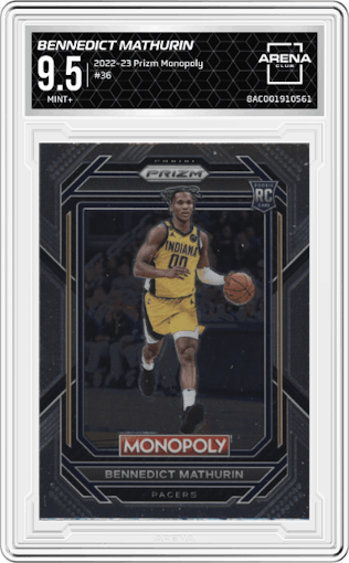 Bennedict Mathurin from the 2022-23 Panini Prizm Monopoly set graded by Arena Club and given an overall grade of 9.5.