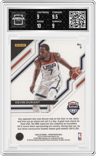 Kevin Durant from the 2022-23 Panini Prizm  set graded by Arena Club and given an overall grade of 9.5.