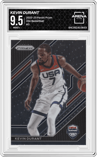 Kevin Durant from the 2022-23 Panini Prizm  set graded by Arena Club and given an overall grade of 9.5.