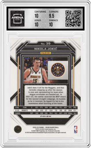  Nikola Jokic from the 2022-23 Panini Prizm  set featuring a Red Ice parallel graded by Arena Club and given an overall grade of 10.