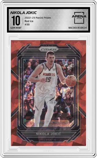  Nikola Jokic from the 2022-23 Panini Prizm  set featuring a Red Ice parallel graded by Arena Club and given an overall grade of 10.
