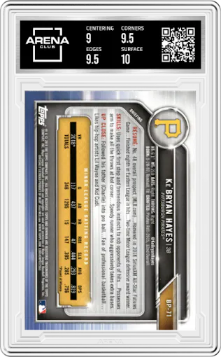 Ke'Bryan Hayes from the 2019 Bowman  set graded by Arena Club and given an overall grade of 9.5.