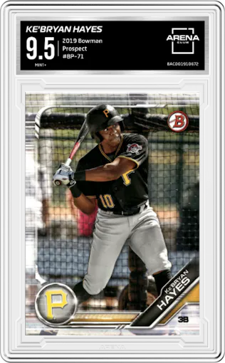 Ke'Bryan Hayes from the 2019 Bowman  set graded by Arena Club and given an overall grade of 9.5.