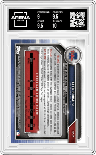 Alec Bohm from the 2019 Bowman  set graded by Arena Club and given an overall grade of 9.5.