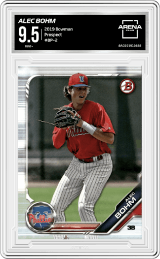 Alec Bohm from the 2019 Bowman  set graded by Arena Club and given an overall grade of 9.5.