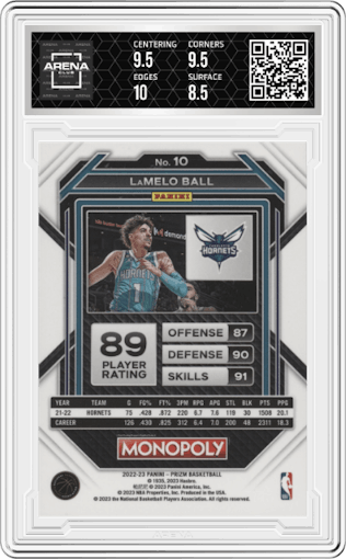 Lamelo Ball from the 2022-23 Panini Prizm Monopoly set graded by Arena Club and given an overall grade of 9.
