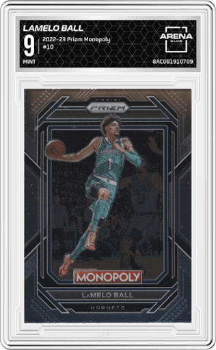 Lamelo Ball from the 2022-23 Panini Prizm Monopoly set graded by Arena Club and given an overall grade of 9.