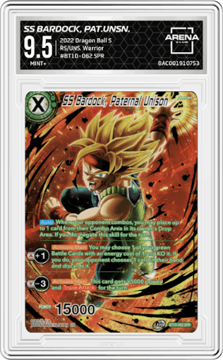 SS Bardock, Paternal Unison from the 2022 Dragon Ball S set graded by Arena Club and given an overall grade of 9.5.