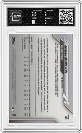 Adrian Morejon from the 2020 Topps Chrome set graded by Arena Club and given an overall grade of 9.5.