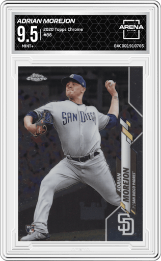 Adrian Morejon from the 2020 Topps Chrome set graded by Arena Club and given an overall grade of 9.5.