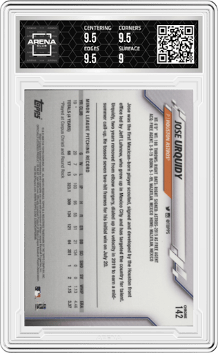 Jose Urquidy from the 2020 Topps Chrome set graded by Arena Club and given an overall grade of 9.5.