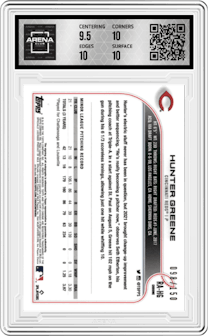 Hunter Greene from the 2022 Topps Chrome set featuring a Blue RayWave Refractor parallel graded by Arena Club and given an overall grade of 10.