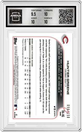 Hunter Greene from the 2022 Topps Chrome set featuring a Blue RayWave Refractor parallel graded by Arena Club and given an overall grade of 10.