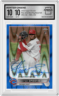 Hunter Greene from the 2022 Topps Chrome set featuring a Blue RayWave Refractor parallel graded by Arena Club and given an overall grade of 10.