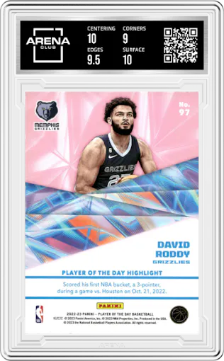 David Roddy from the 2022-23 Panini NBA Player of the Day set featuring a Holo parallel graded by Arena Club and given an overall grade of 9.5.