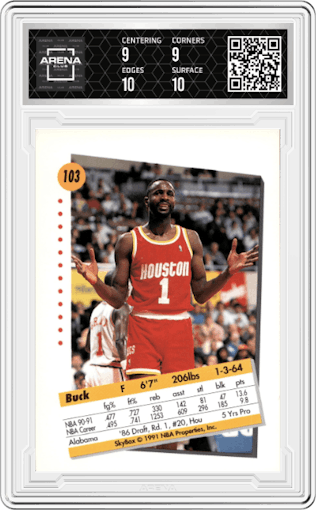 Buck Johnson from the 1991-92 Skybox set graded by Arena Club and given an overall grade of 9.5.