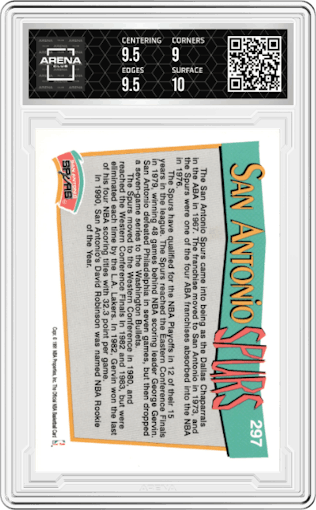 San Antonio Spurs from the 1991-92 NBA Hoops set graded by Arena Club and given an overall grade of 9.5.