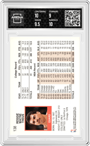 Reggie Theus from the 1991-92 NBA Hoops set graded by Arena Club and given an overall grade of 9.5.