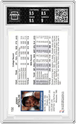 Jerry Reynolds from the 1991-92 NBA Hoops set graded by Arena Club and given an overall grade of 9.