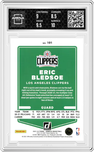 Eric Bledsoe from the 2021-22 Panini Donruss set graded by Arena Club and given an overall grade of 9.