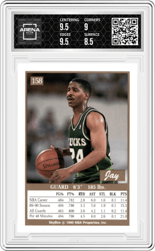 Jay Humphries from the 1990-91 SkyBox  set graded by Arena Club and given an overall grade of 9.