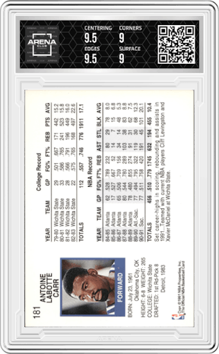 Antoine Carr from the 1991-92 NBA Hoops set graded by Arena Club and given an overall grade of 9.5.