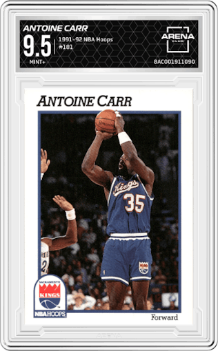 Antoine Carr from the 1991-92 NBA Hoops set graded by Arena Club and given an overall grade of 9.5.