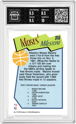 Moses Malone from the 1991-92 NBA Hoops set graded by Arena Club and given an overall grade of 9.