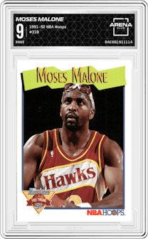 Moses Malone from the 1991-92 NBA Hoops set graded by Arena Club and given an overall grade of 9.