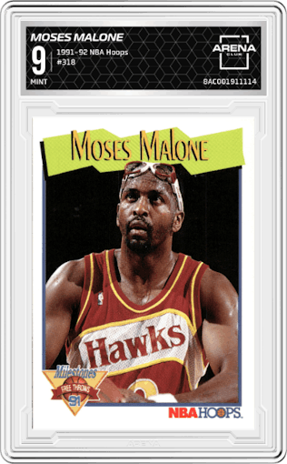 Moses Malone from the 1991-92 NBA Hoops set graded by Arena Club and given an overall grade of 9.