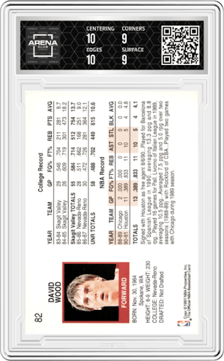 David Wood from the 1991-92 NBA Hoops set graded by Arena Club and given an overall grade of 9.5.