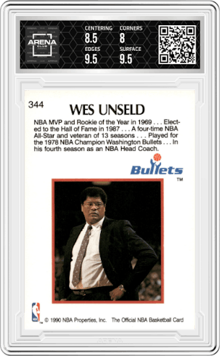 Wes Unseld from the 1990-91 NBA Hoops set graded by Arena Club and given an overall grade of 8.5.