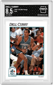 Dell Curry from the 1991-92 NBA Hoops set graded by Arena Club and given an overall grade of 8.5.