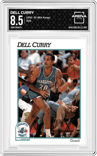 Dell Curry from the 1991-92 NBA Hoops set graded by Arena Club and given an overall grade of 8.5.