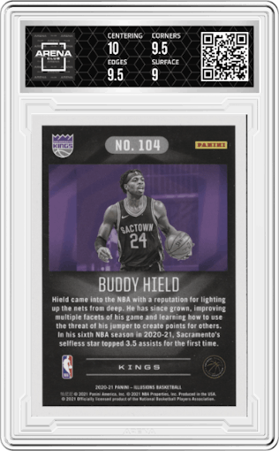 Buddy Hield from the 2020-21 Panini Illusions  set graded by Arena Club and given an overall grade of 9.5.