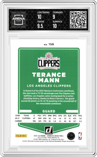 Terance Mann from the 2021-22 Panini Donruss set graded by Arena Club and given an overall grade of 9.5.