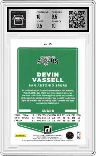 Devin Vassell from the 2021-22 Panini Donruss set graded by Arena Club and given an overall grade of 10.